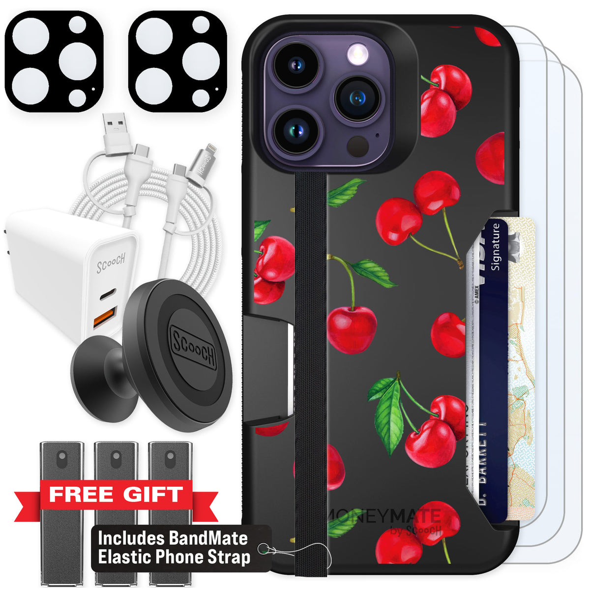 Scooch Moneymate Very Cherry for iPhone 14 Pro Max — Ultimate Bundle