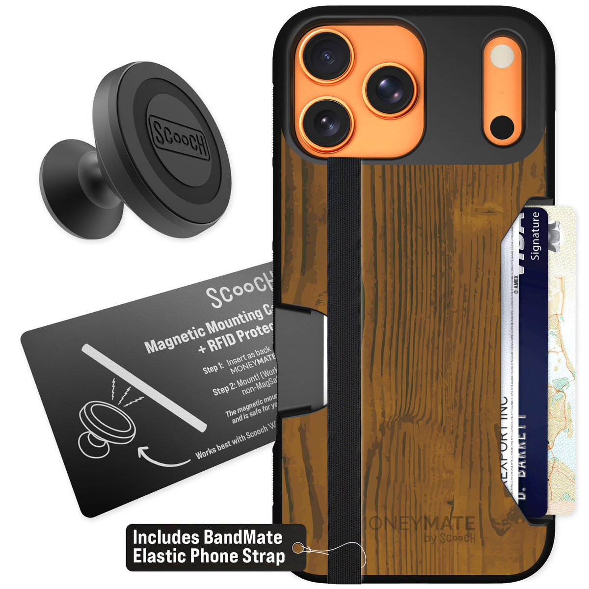 Scooch Moneymate Wood Grain for iPhone 17 Pro Max — Starter Bundle