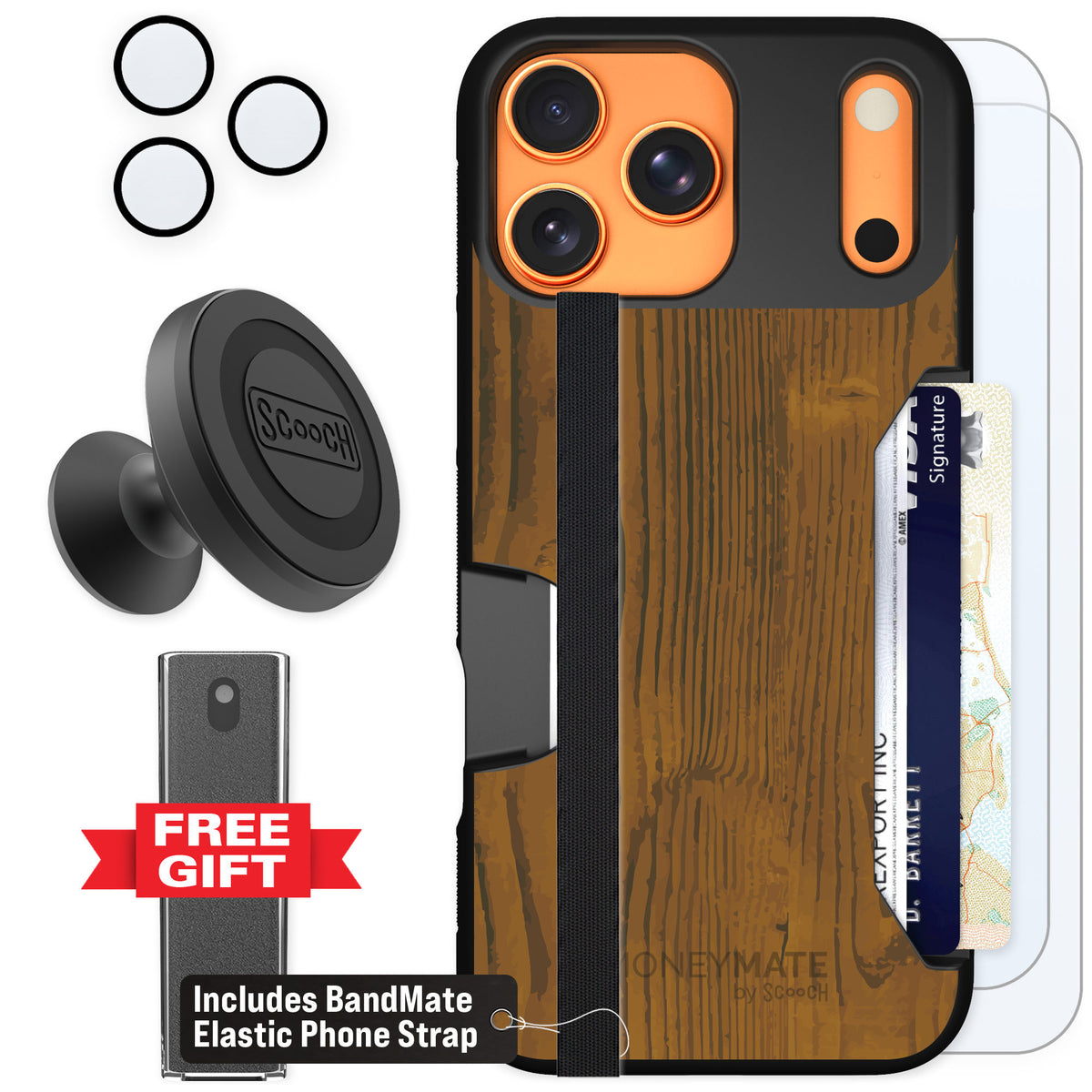 Scooch Moneymate Wood Grain for iPhone 17 Pro Max — Defender Bundle