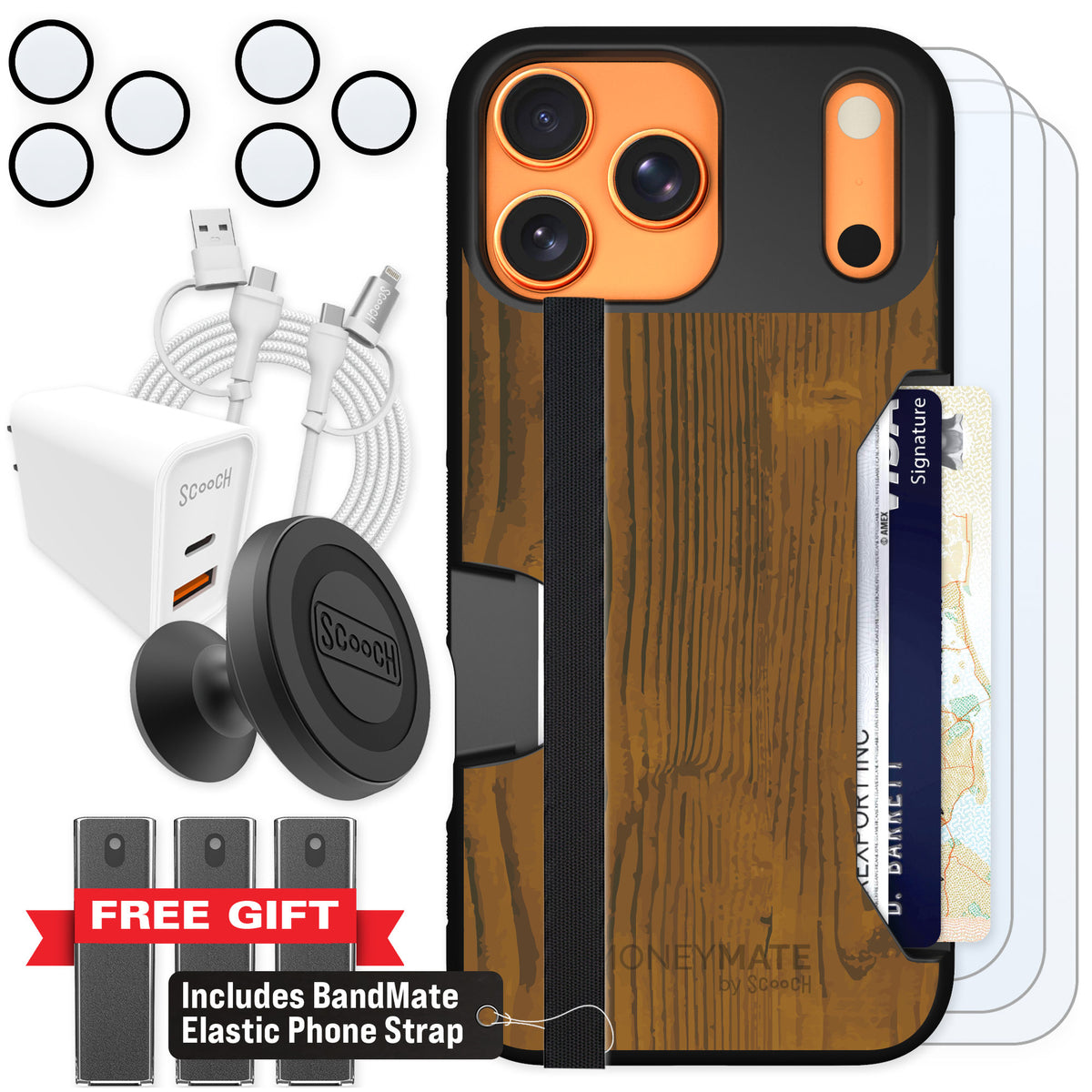 Scooch Moneymate Wood Grain for iPhone 17 Pro Max — Ultimate Bundle