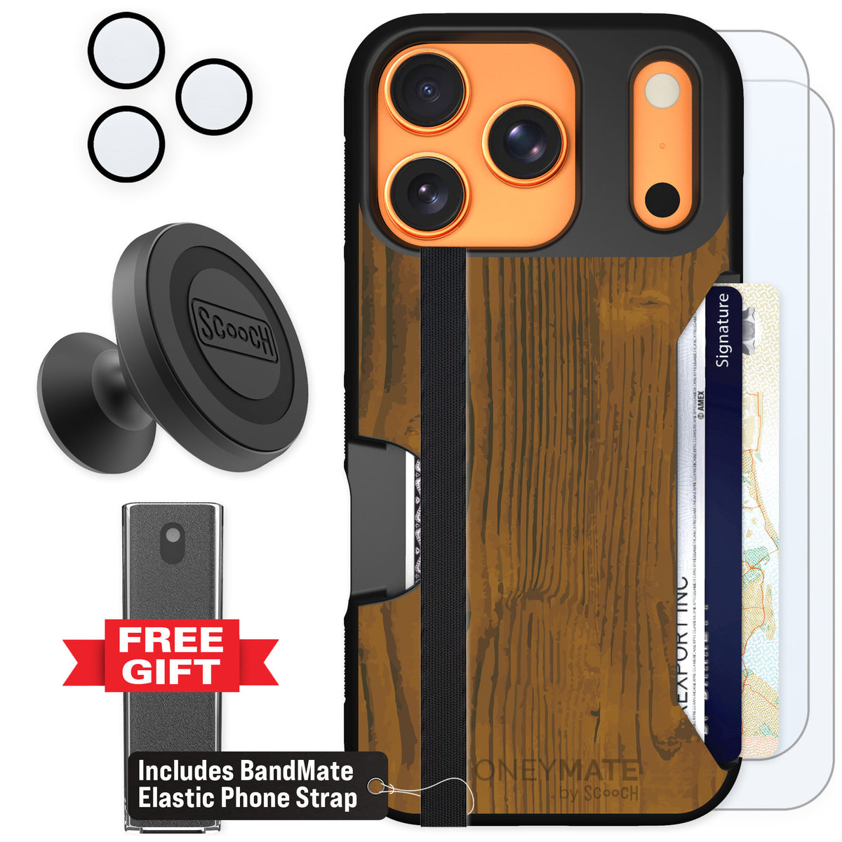 Scooch Moneymate Wood Grain for iPhone 17 Pro — Defender Bundle