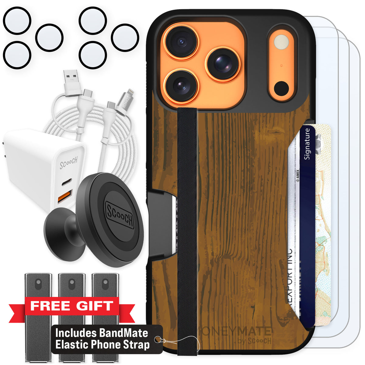 Scooch Moneymate Wood Grain for iPhone 17 Pro — Ultimate Bundle