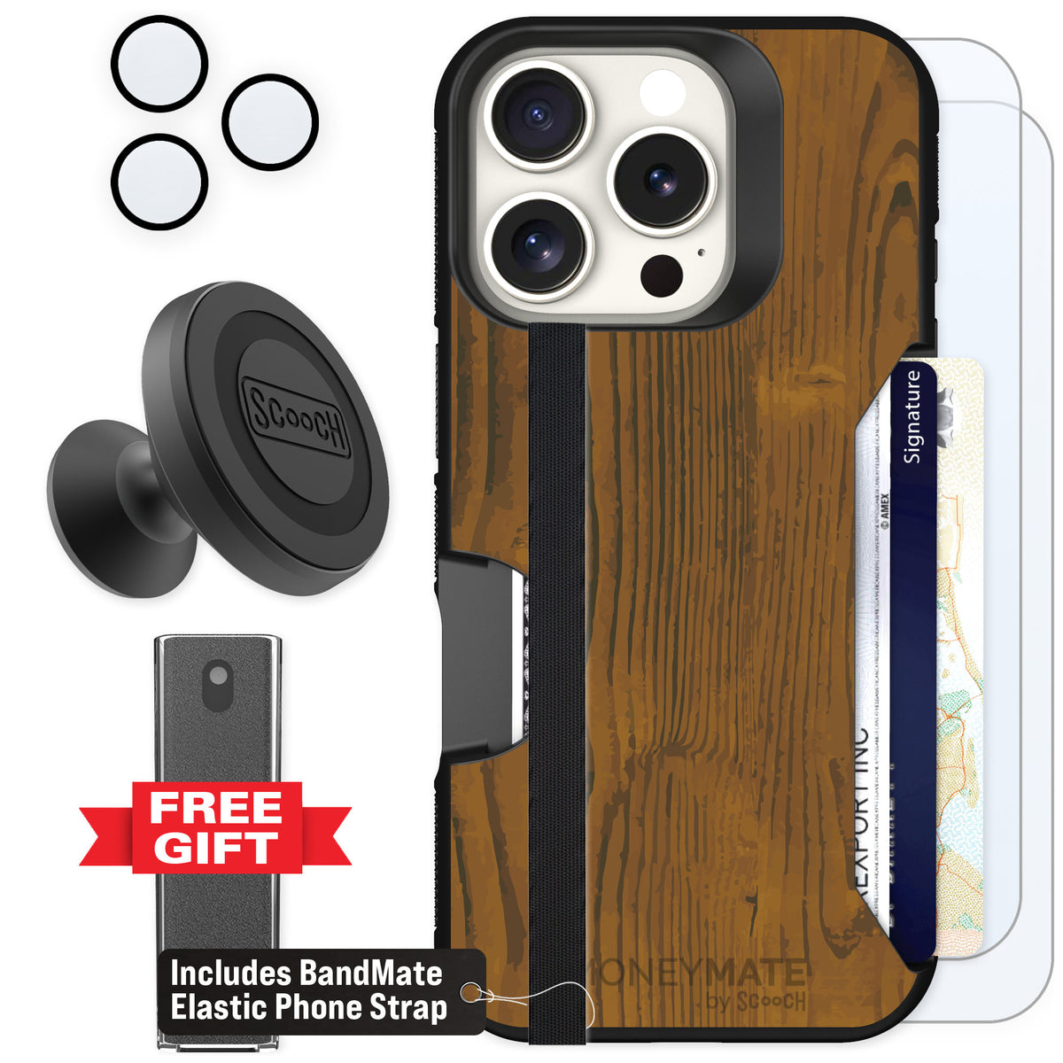 Scooch Moneymate Wood Grain for iPhone 16 Pro — Defender Bundle