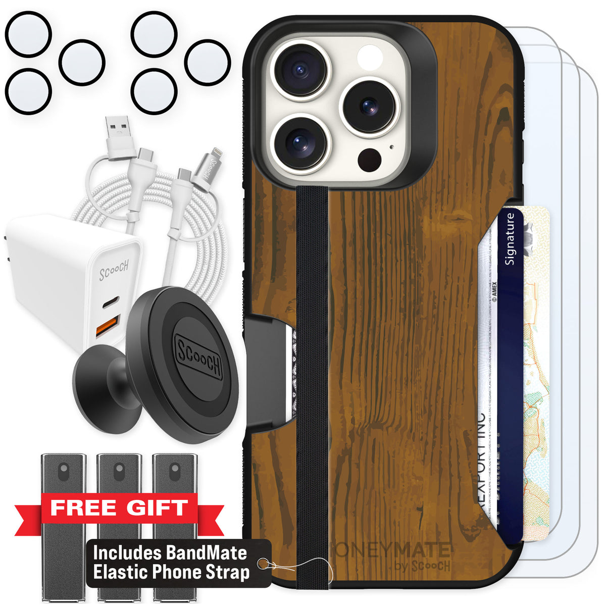 Scooch Moneymate Wood Grain for iPhone 16 Pro — Ultimate Bundle