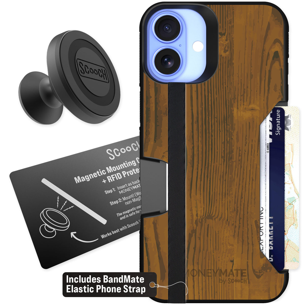 Scooch Moneymate Wood Grain for iPhone 16 Plus — Starter Bundle