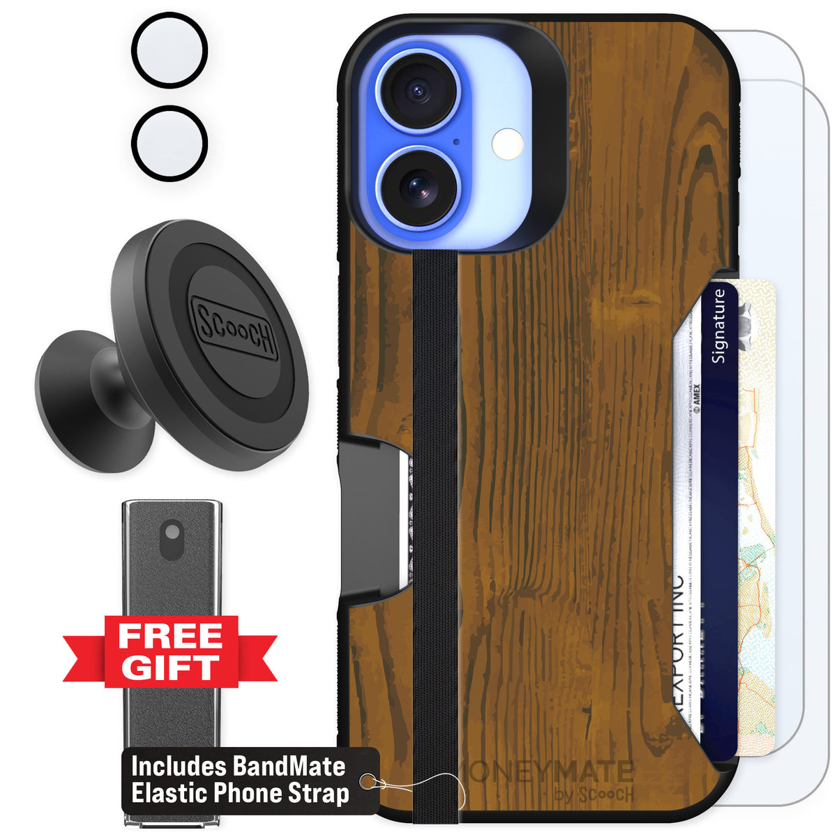Scooch Moneymate Wood Grain for iPhone 16 — Defender Bundle