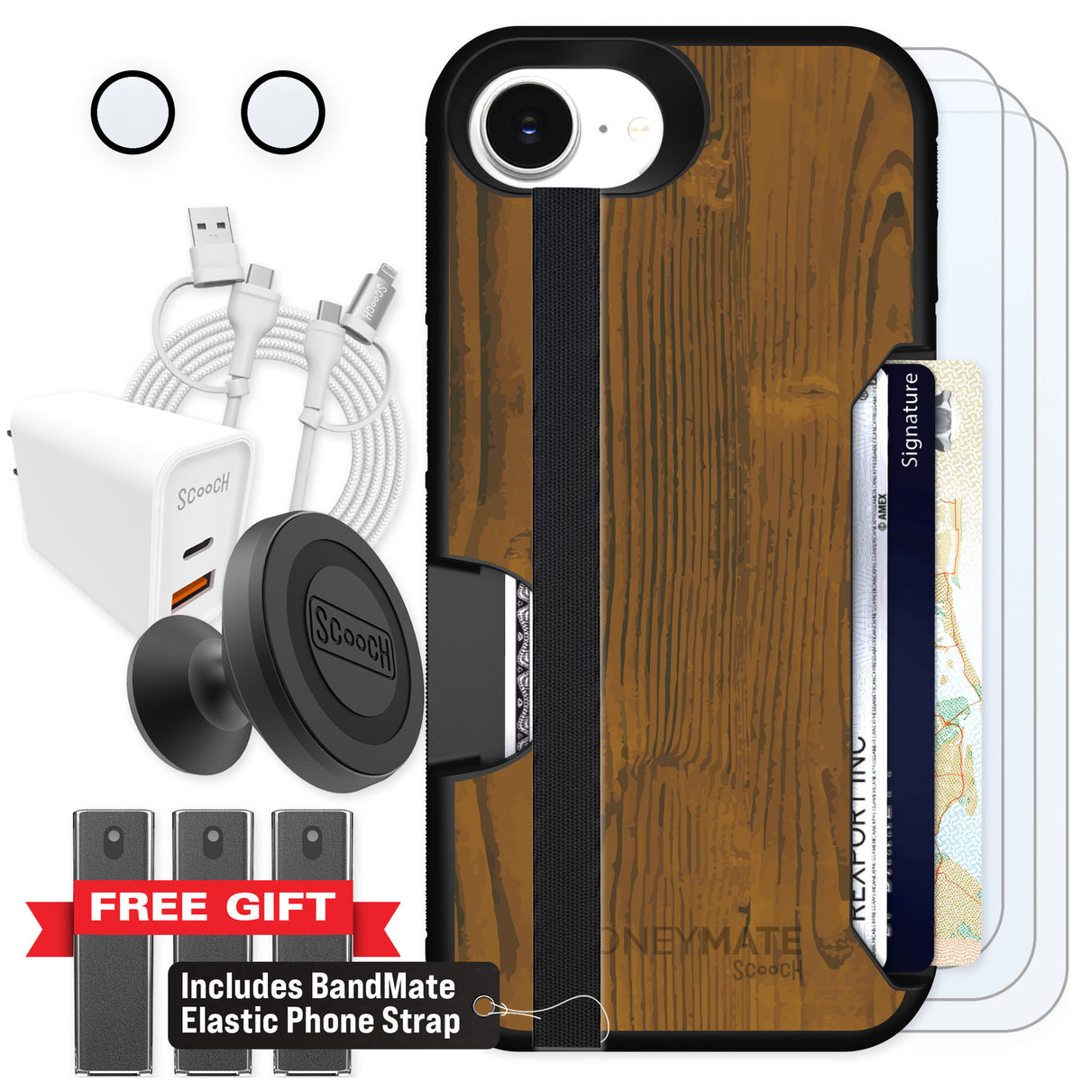 Scooch Moneymate Wood Grain for iPhone 16e — Ultimate Bundle