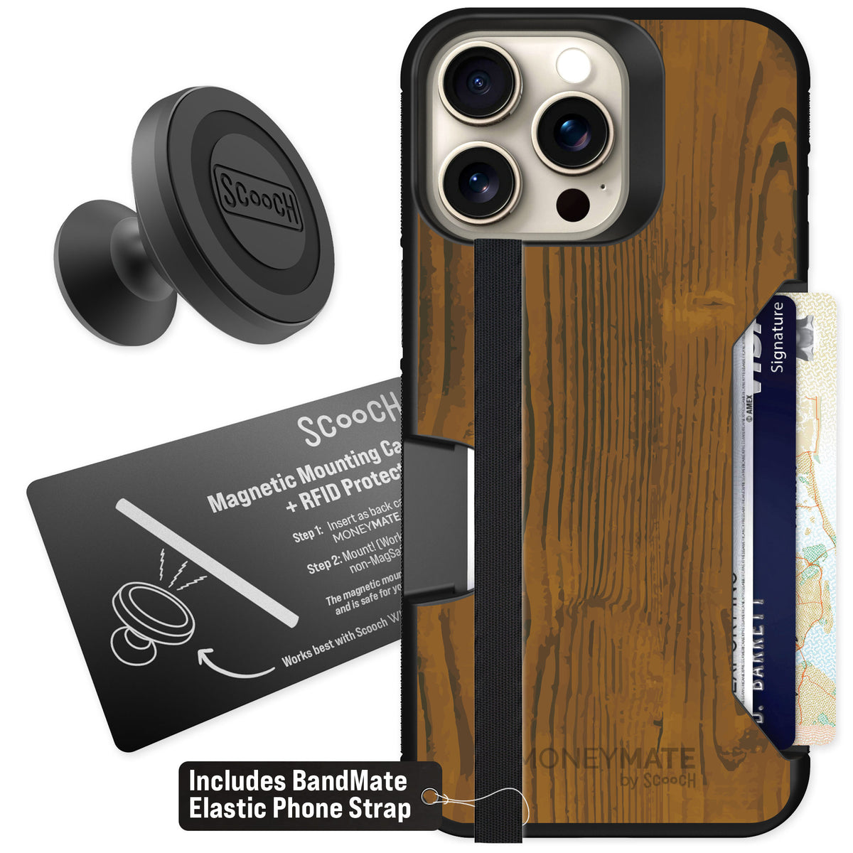 Scooch Moneymate Wood Grain for iPhone 15 Pro Max — Starter Bundle