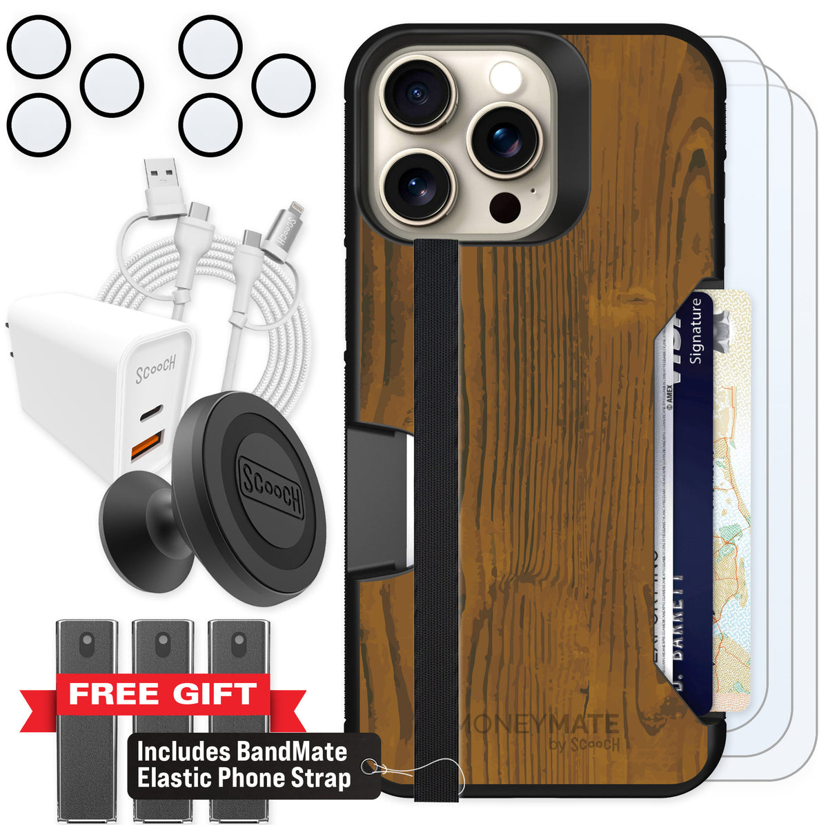 Scooch Moneymate Wood Grain for iPhone 15 Pro Max — Ultimate Bundle