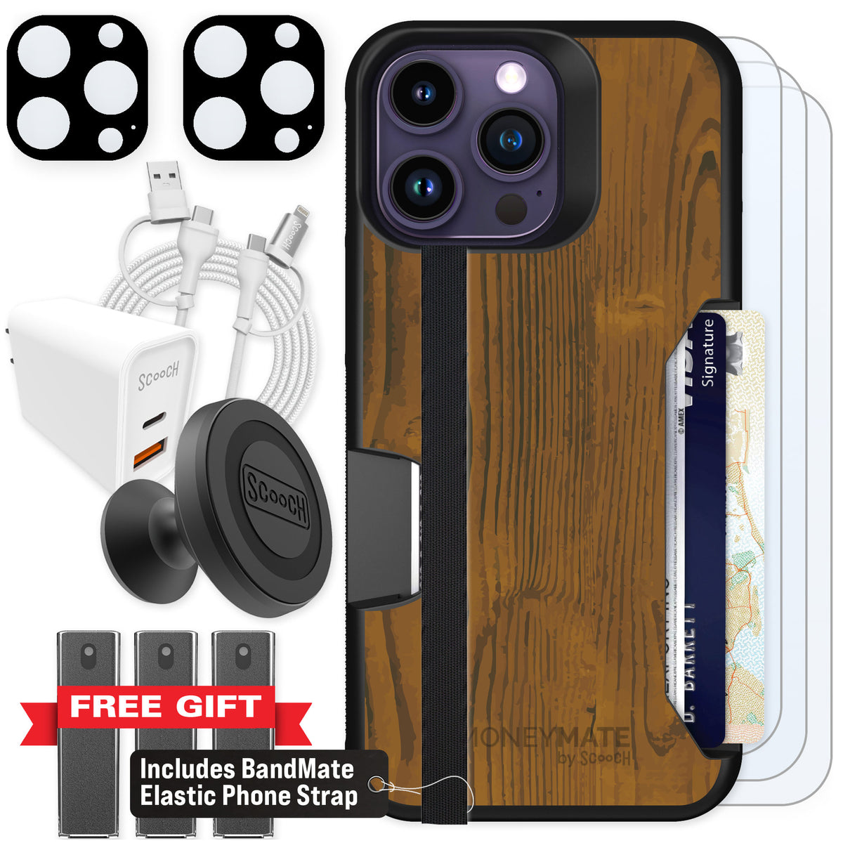 Scooch Moneymate Wood Grain for iPhone 14 Pro Max — Ultimate Bundle