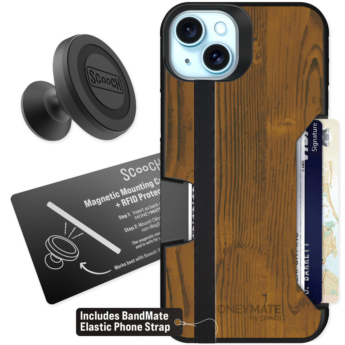 Scooch Moneymate Wood Grain for iPhone 14 Plus — Starter Bundle