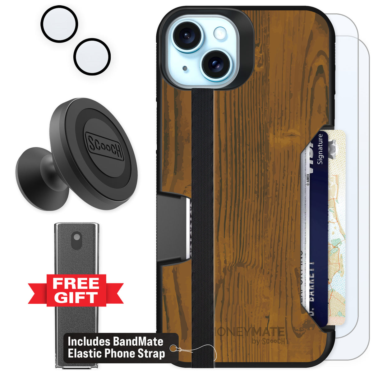 Scooch Moneymate Wood Grain for iPhone 14 Plus — Defender Bundle