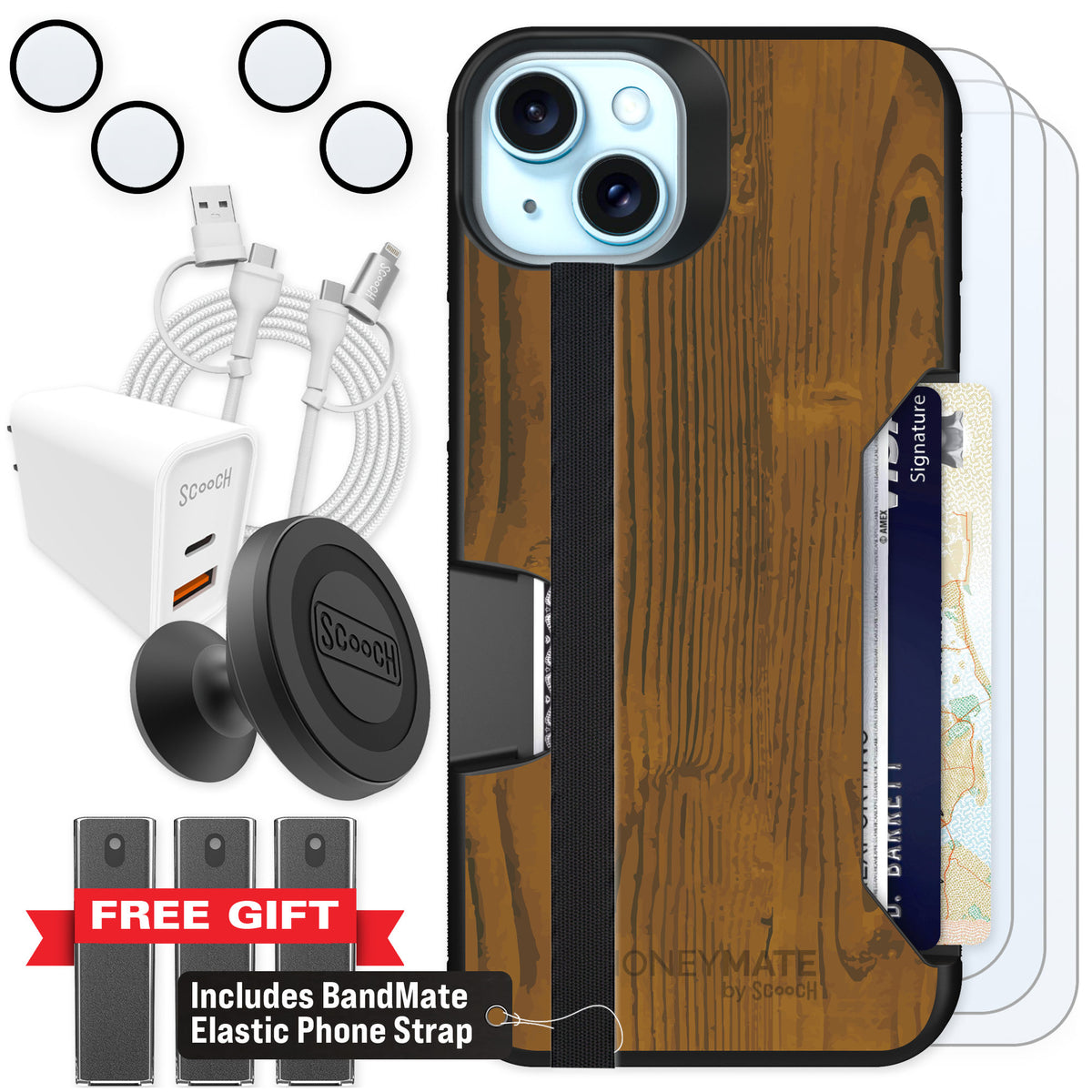 Scooch Moneymate Wood Grain for iPhone 14 Plus — Ultimate Bundle