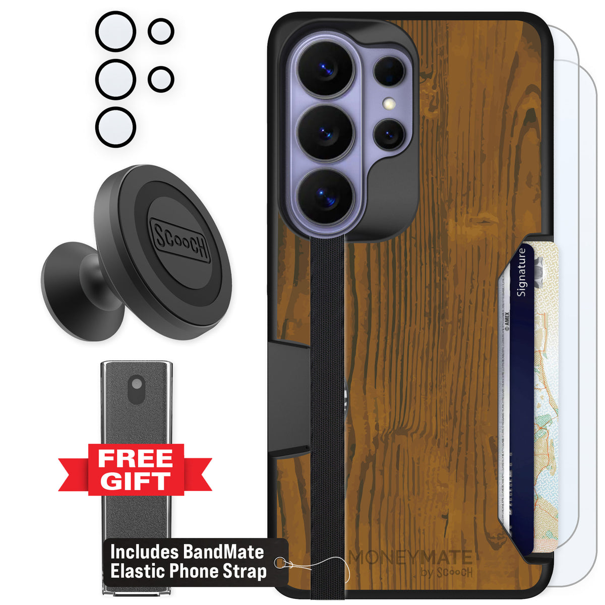 Scooch Moneymate Wood Grain for Galaxy S26 Ultra — Defender Bundle