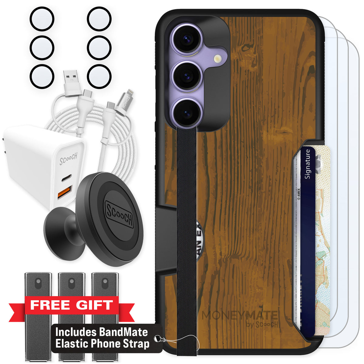 Scooch Moneymate Wood Grain for Galaxy S25+ — Ultimate Bundle