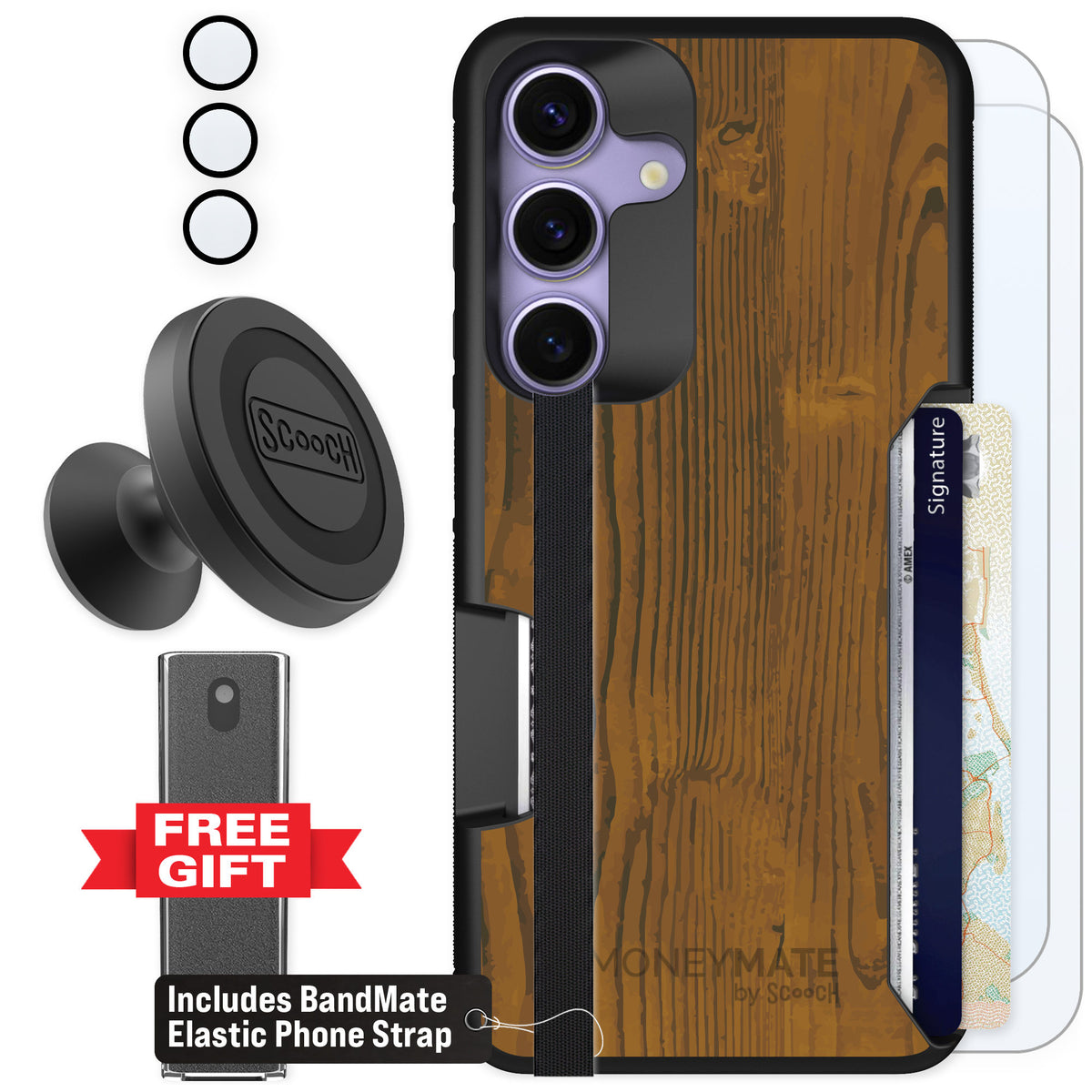 Scooch Moneymate Wood Grain for Galaxy S25 — Defender Bundle