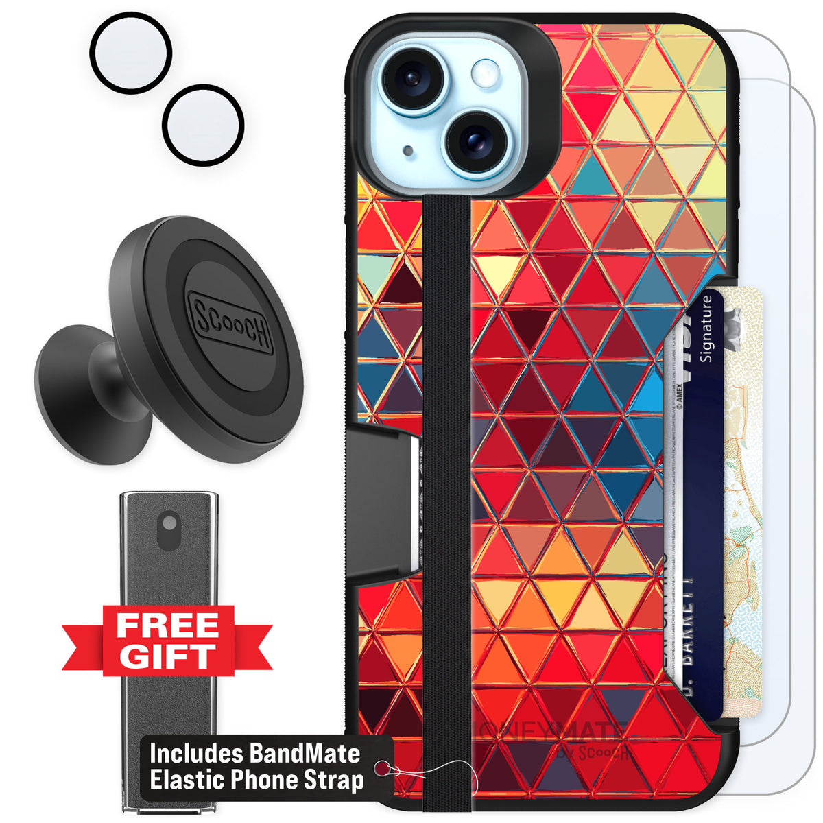 Scooch Moneymate Festive Glass for iPhone 15 Plus β Defender Bundle