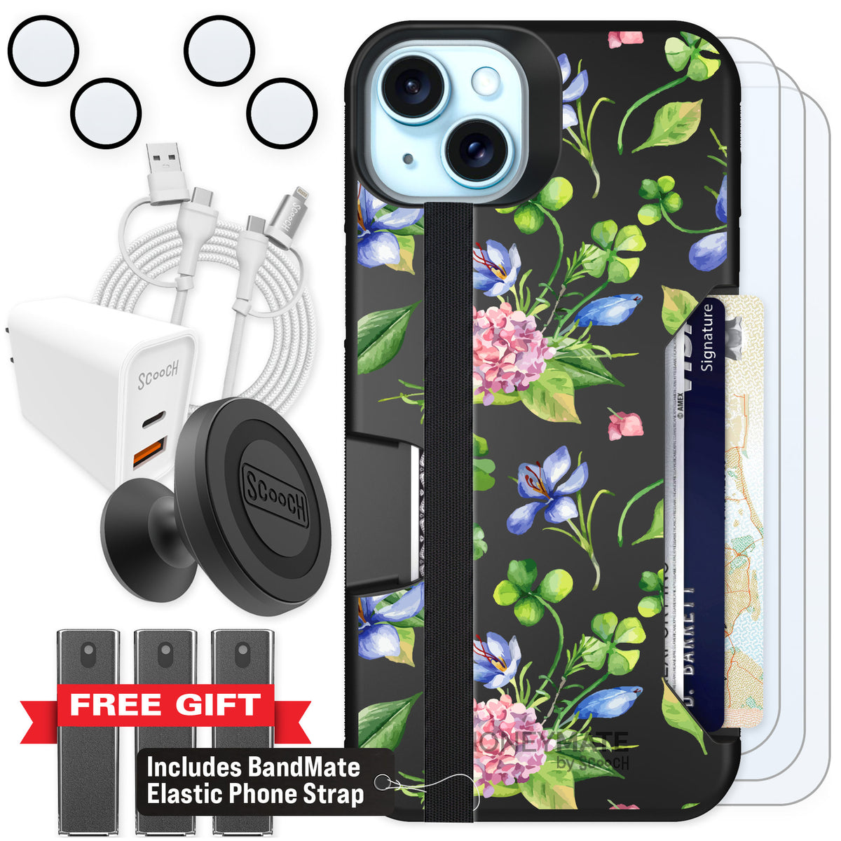 Scooch Moneymate Lucky Hydrangea for iPhone 15 Plus β Ultimate Bundle