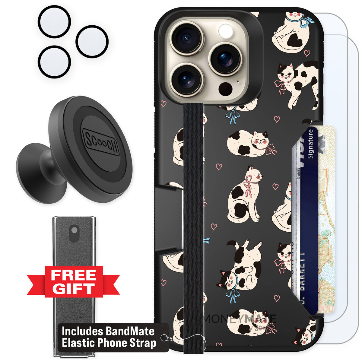 Scooch Moneymate Bow Kitties for iPhone 15 Pro Max β Defender Bundle
