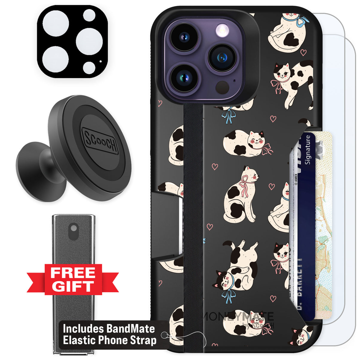 Scooch Moneymate Bow Kitties for iPhone 14 Pro Max β Defender Bundle