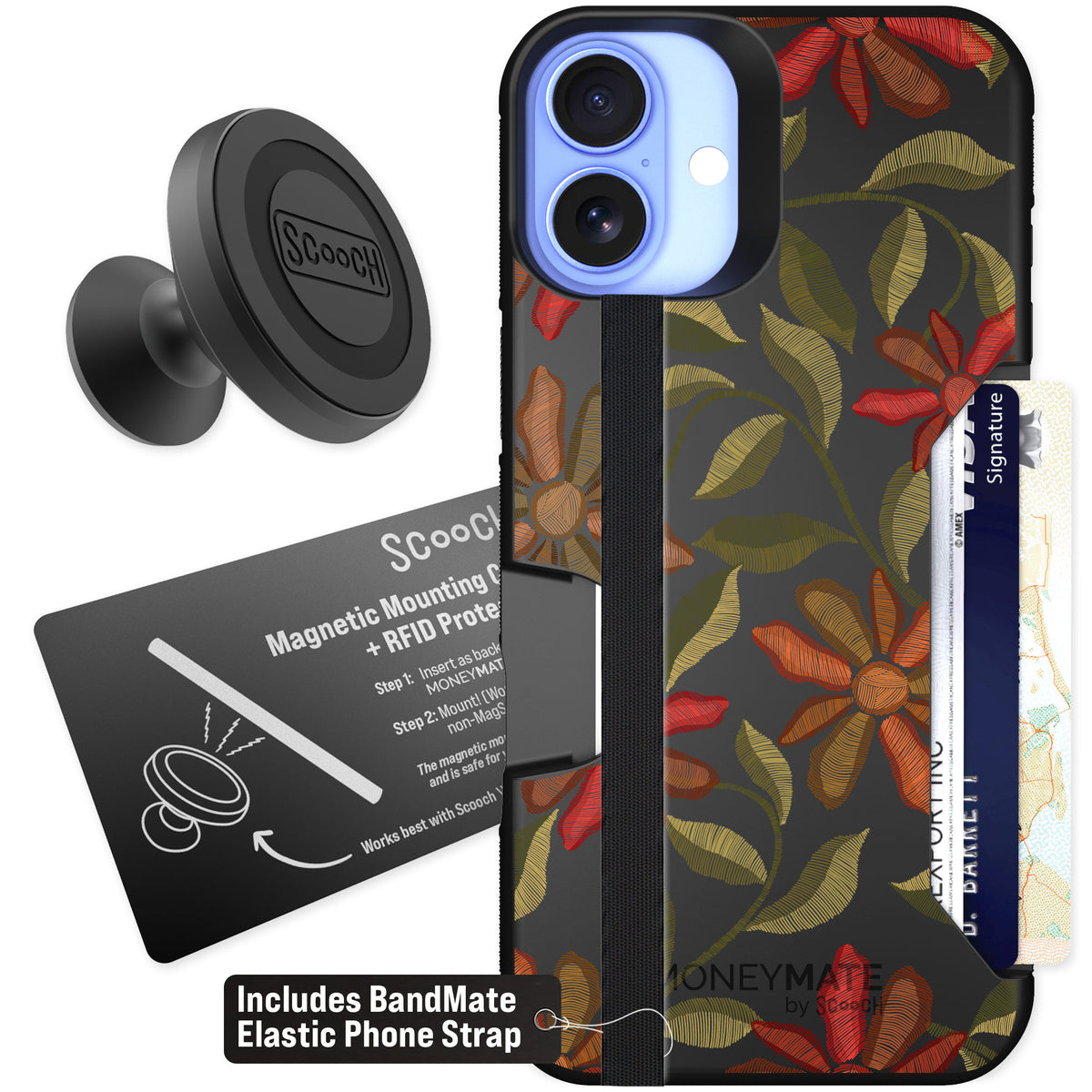 Scooch Moneymate Floral Tapestry for iPhone 16 Plus β Starter Bundle