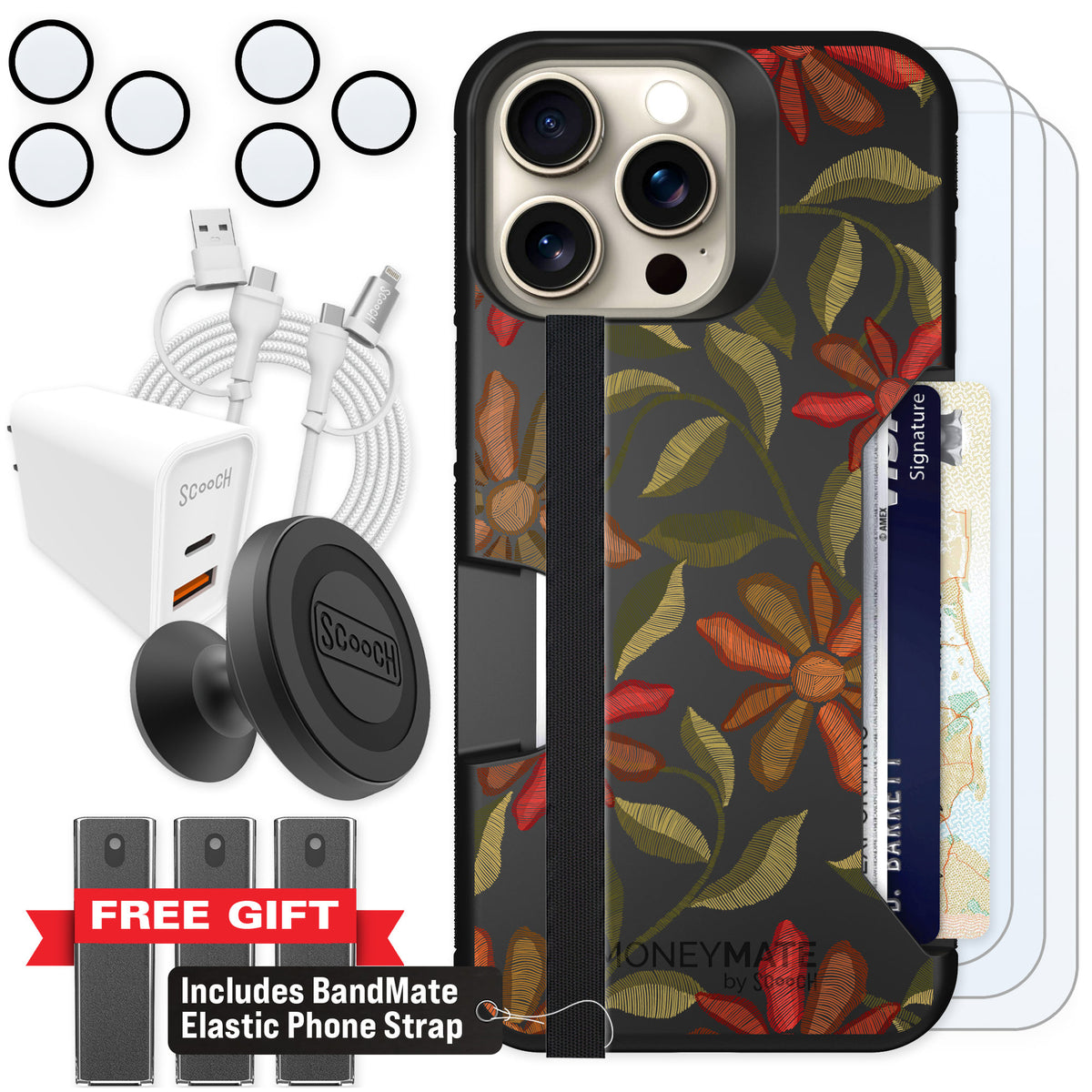Scooch Moneymate Floral Tapestry for iPhone 15 Pro Max β Ultimate Bundle