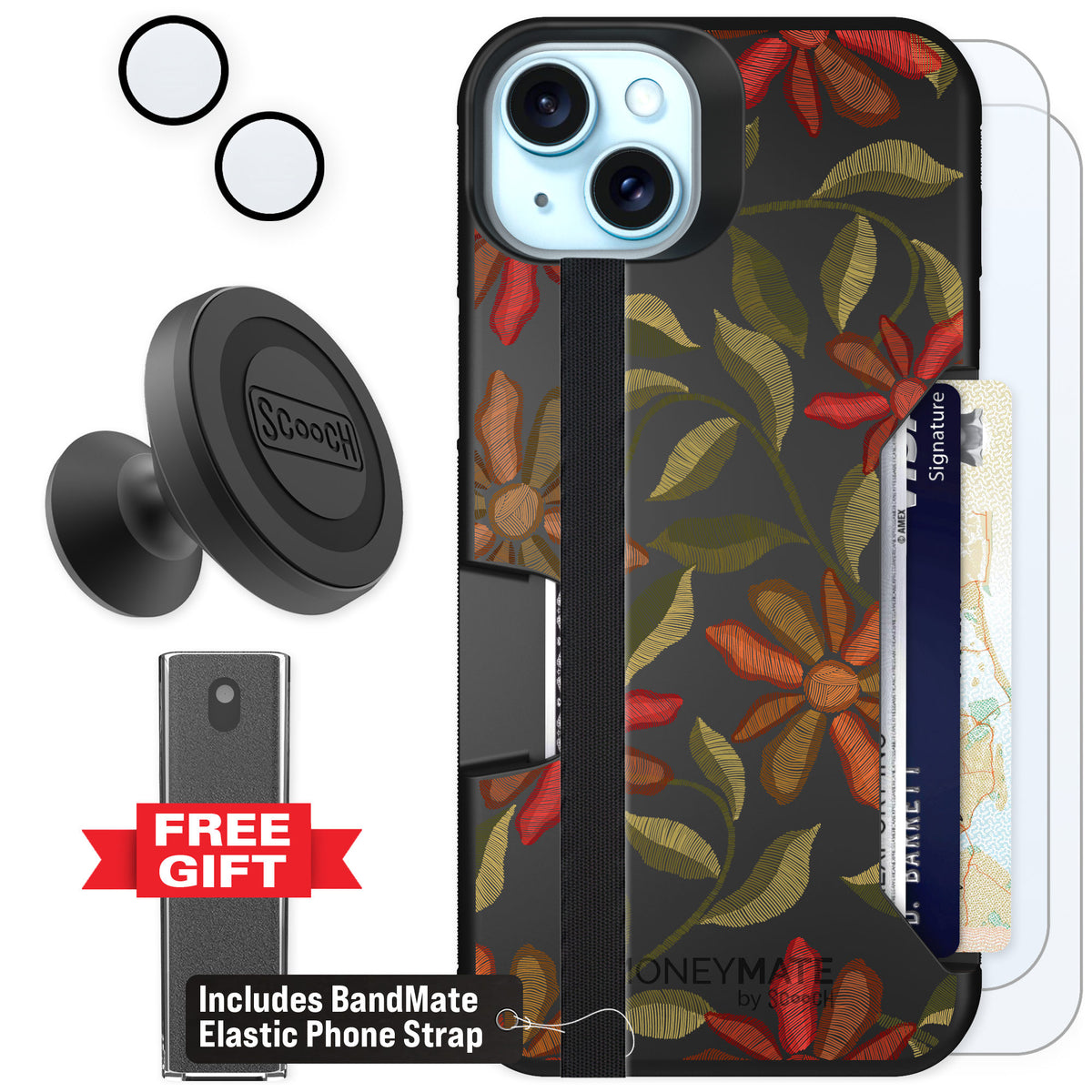 Scooch Moneymate Floral Tapestry for iPhone 15 Plus β Defender Bundle
