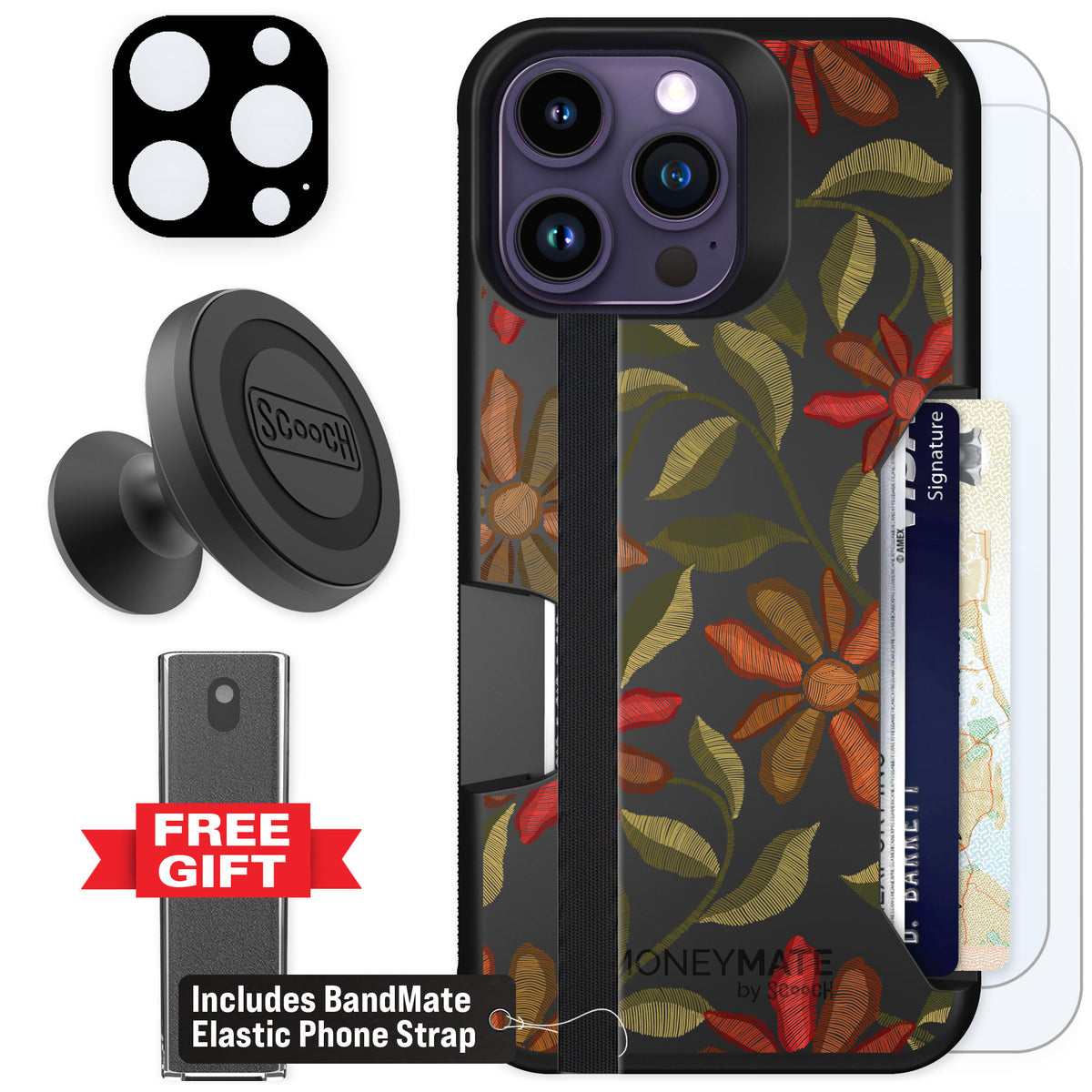 Scooch Moneymate Floral Tapestry for iPhone 14 Pro Max β Defender Bundle