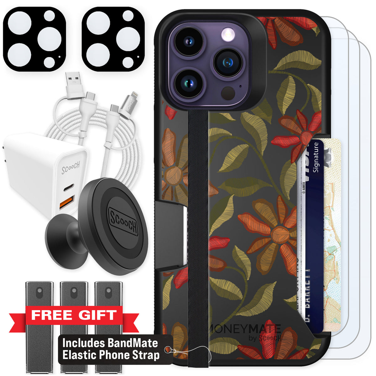 Scooch Moneymate Floral Tapestry for iPhone 14 Pro Max β Ultimate Bundle