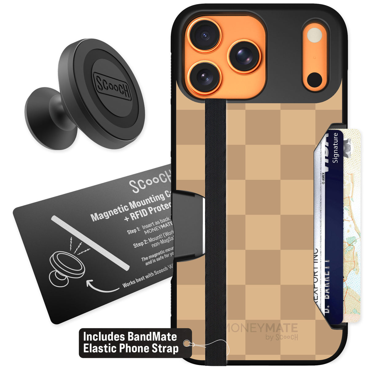 Scooch Moneymate Checkered Beige for iPhone 17 Pro Max β Starter Bundle