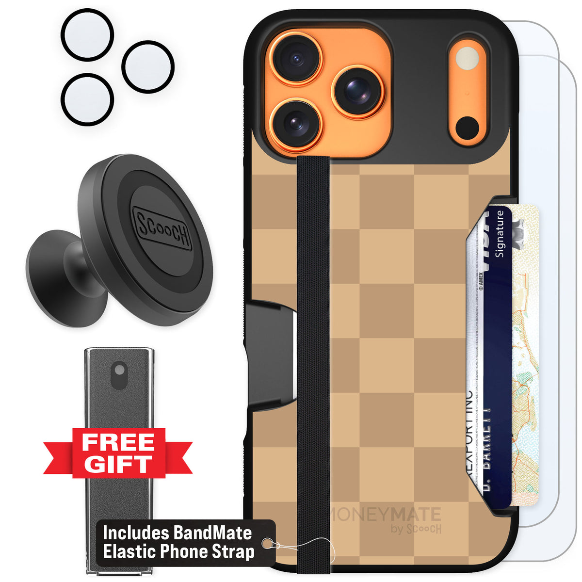 Scooch Moneymate Checkered Beige for iPhone 17 Pro Max β Defender Bundle