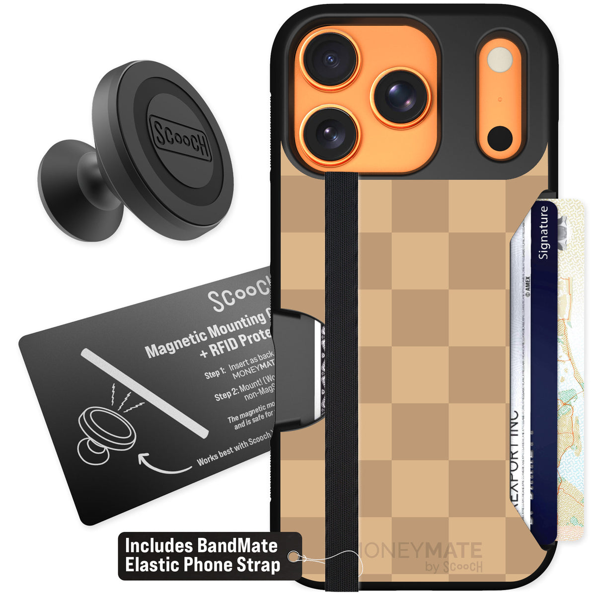 Scooch Moneymate Checkered Beige for iPhone 17 Pro β Starter Bundle