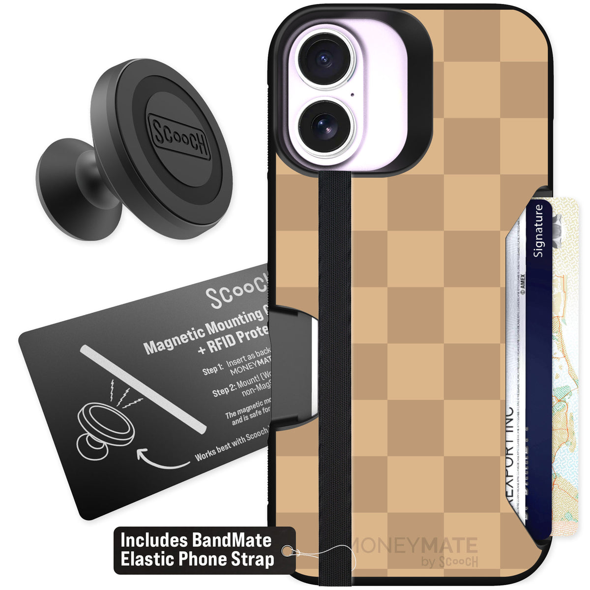Scooch Moneymate Checkered Beige for iPhone 17 β Starter Bundle