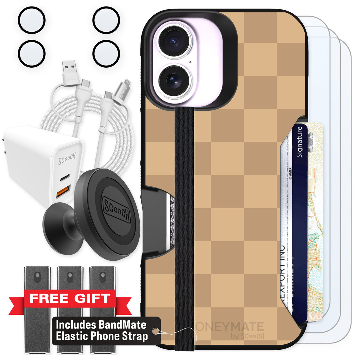 Scooch Moneymate Checkered Beige for iPhone 17 β Ultimate Bundle
