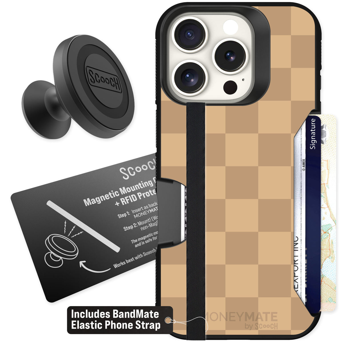 Scooch Moneymate Checkered Beige for iPhone 16 Pro β Starter Bundle