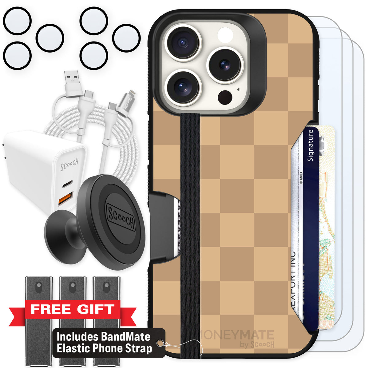 Scooch Moneymate Checkered Beige for iPhone 16 Pro β Ultimate Bundle