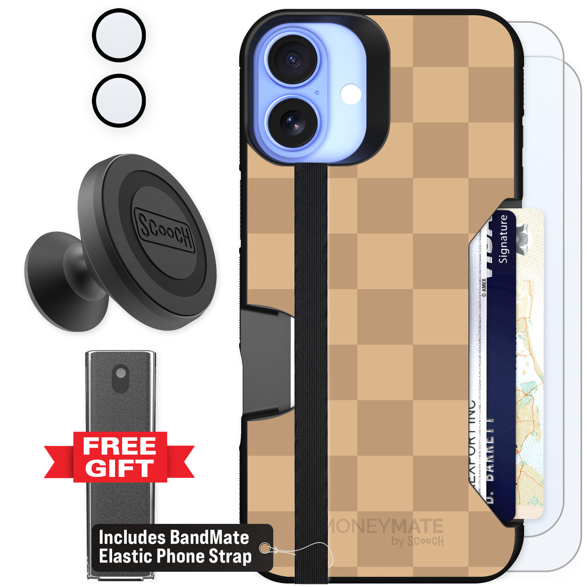 Scooch Moneymate Checkered Beige for iPhone 16 Plus β Defender Bundle