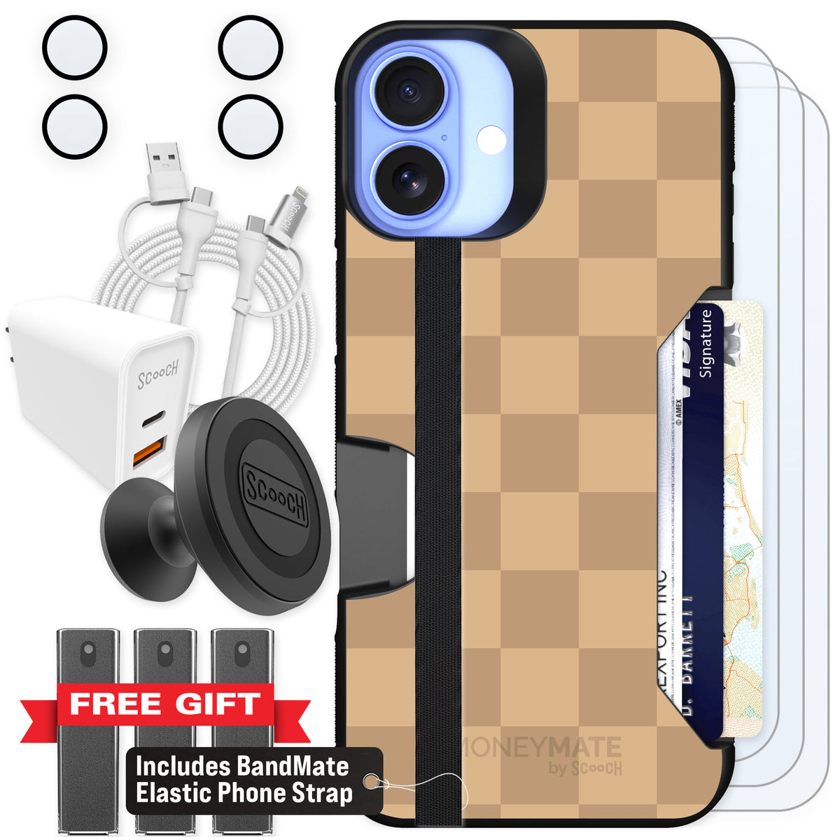 Scooch Moneymate Checkered Beige for iPhone 16 Plus β Ultimate Bundle