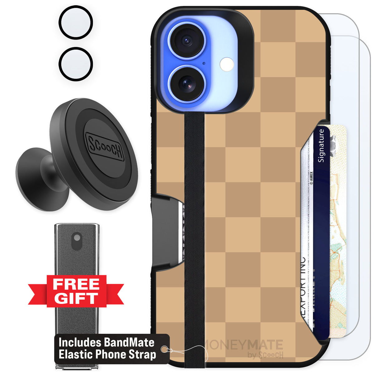 Scooch Moneymate Checkered Beige for iPhone 16 β Defender Bundle