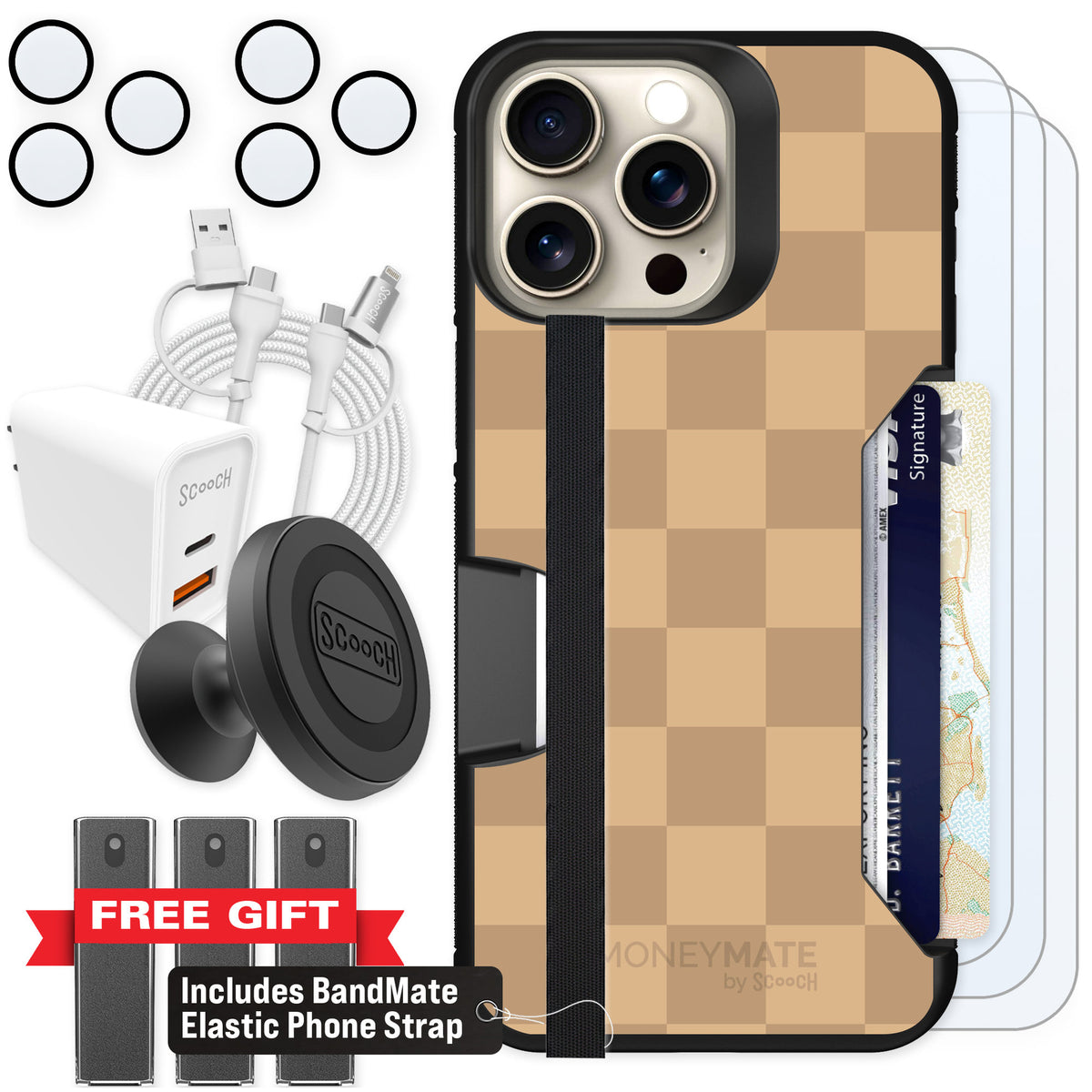 Scooch Moneymate Checkered Beige for iPhone 15 Pro Max β Ultimate Bundle