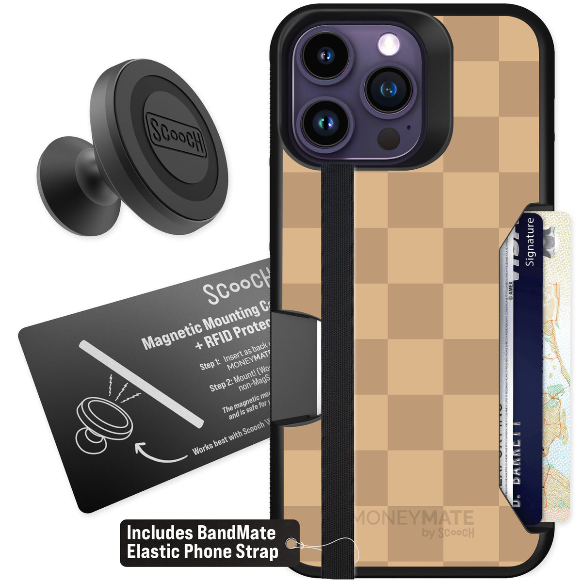 Scooch Moneymate Checkered Beige for iPhone 14 Pro Max β Starter Bundle