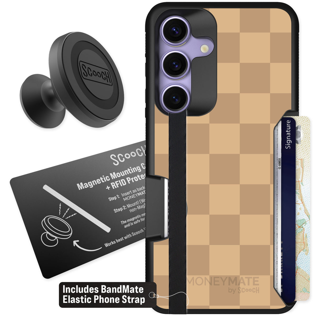 Scooch Moneymate Checkered Beige for Galaxy S25 β Starter Bundle