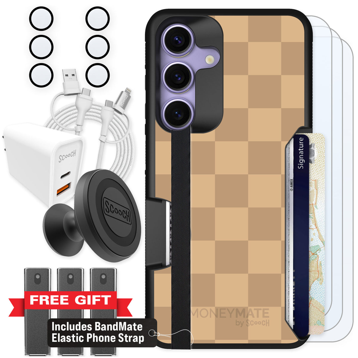 Scooch Moneymate Checkered Beige for Galaxy S25 β Ultimate Bundle