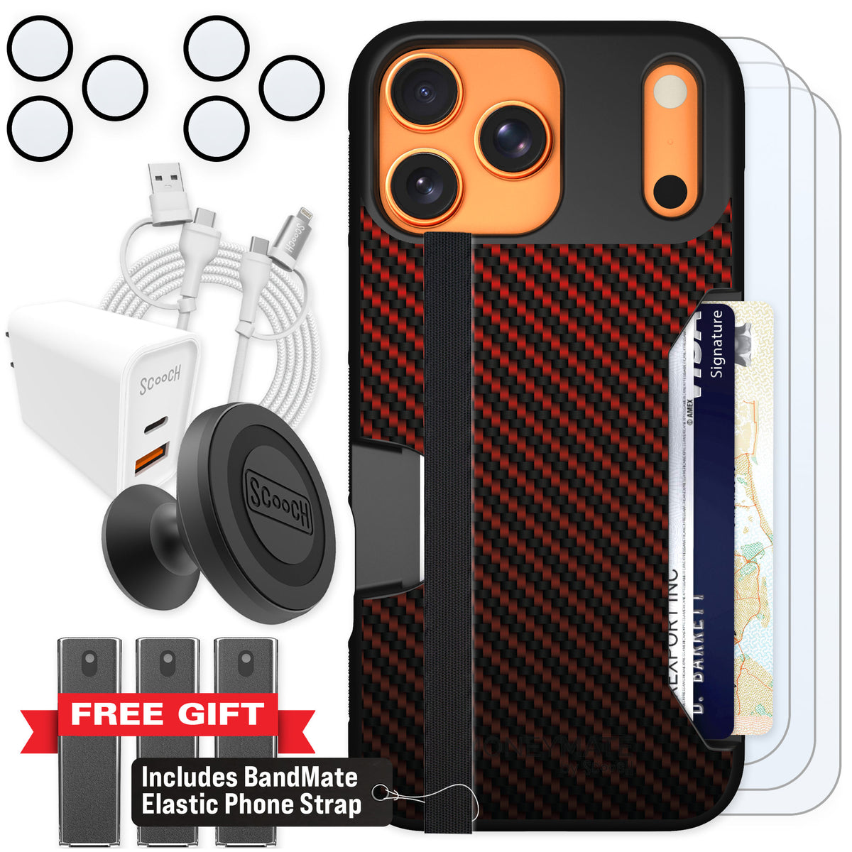 Scooch Moneymate Red Carbon Fiber for iPhone 17 Pro Max β Ultimate Bundle