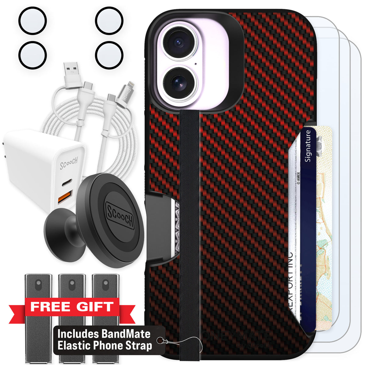 Scooch Moneymate Red Carbon Fiber for iPhone 17 β Ultimate Bundle