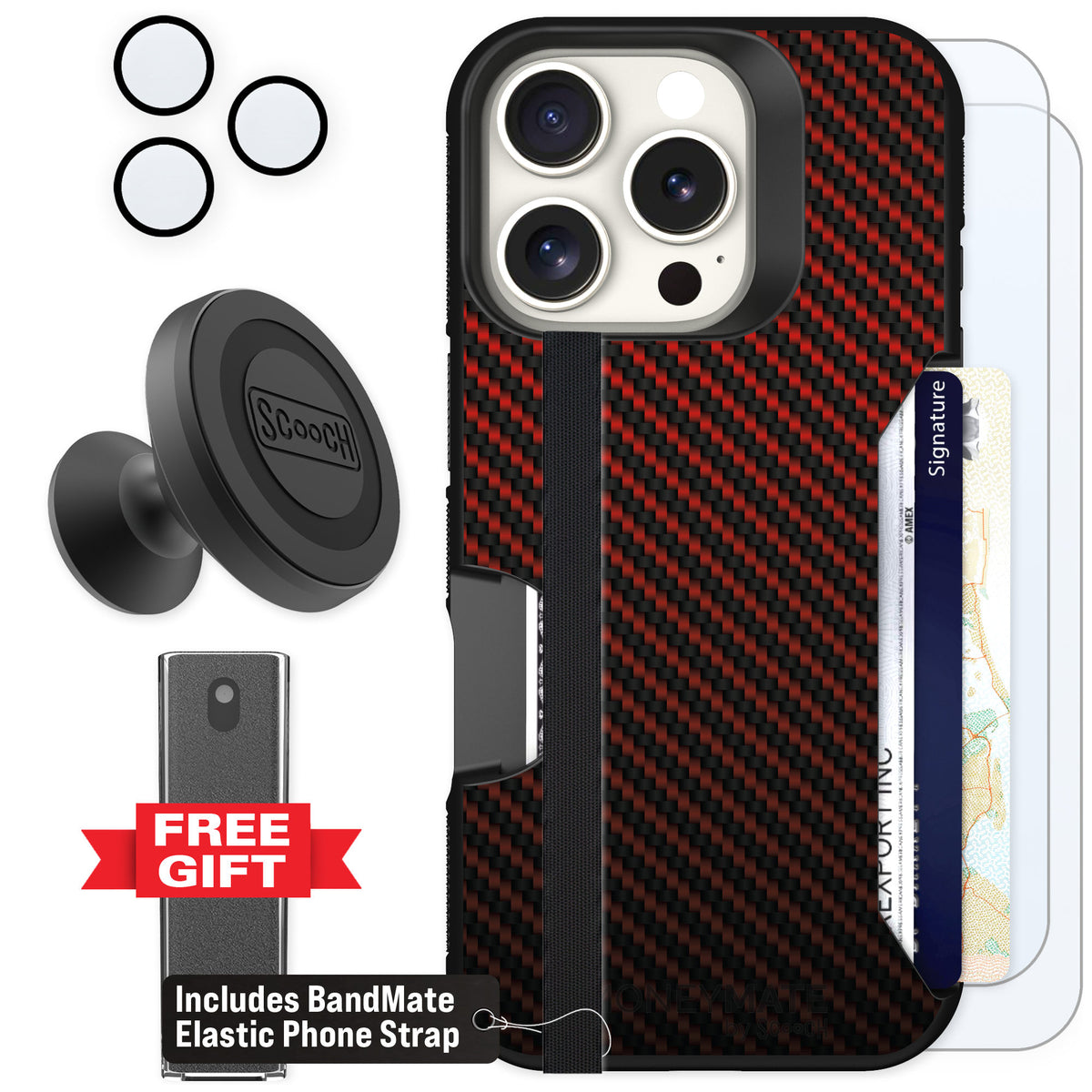 Scooch Moneymate Red Carbon Fiber for iPhone 16 Pro β Defender Bundle