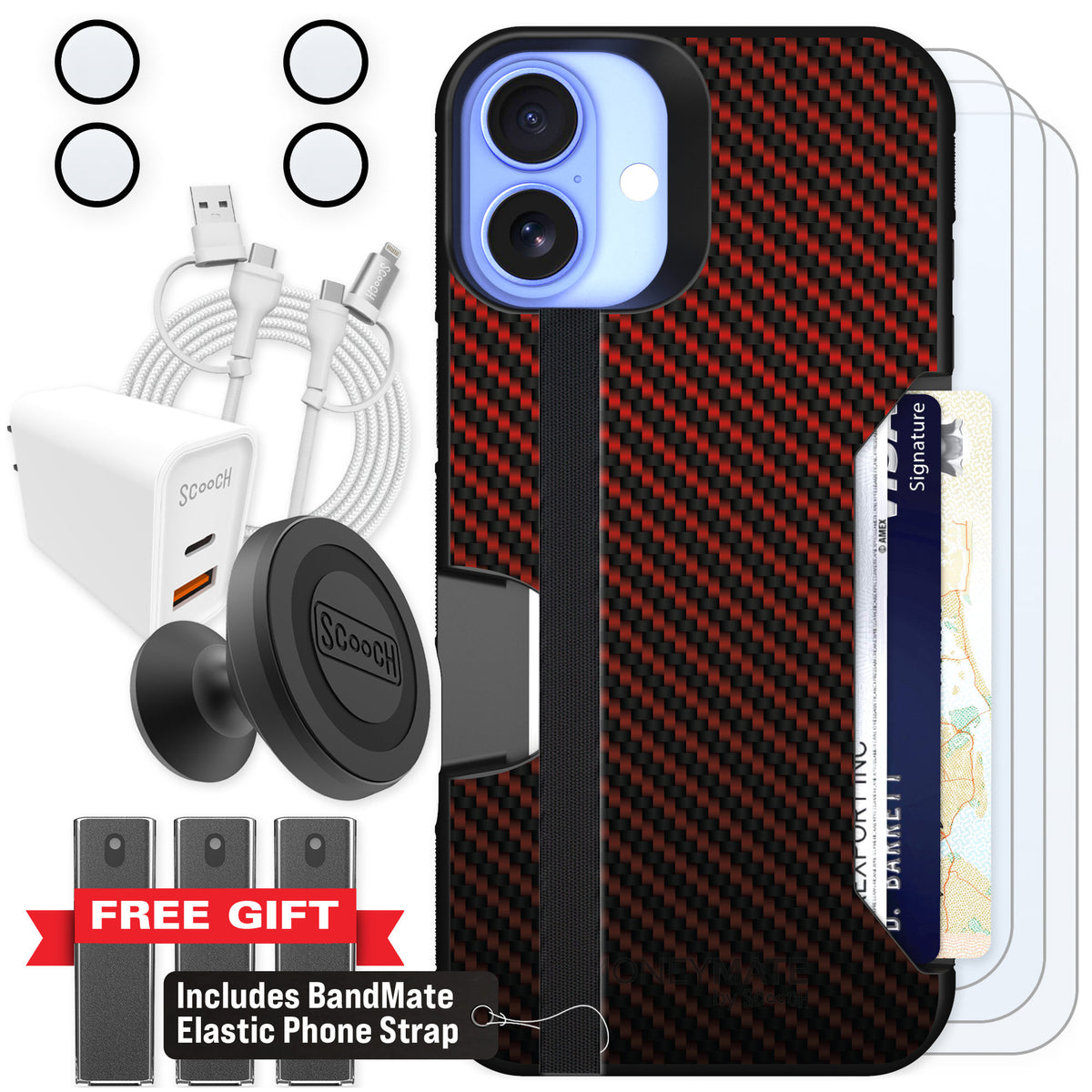 Scooch Moneymate Red Carbon Fiber for iPhone 16 Plus β Ultimate Bundle