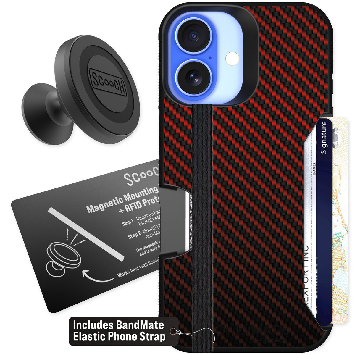Scooch Moneymate Red Carbon Fiber for iPhone 16 β Starter Bundle