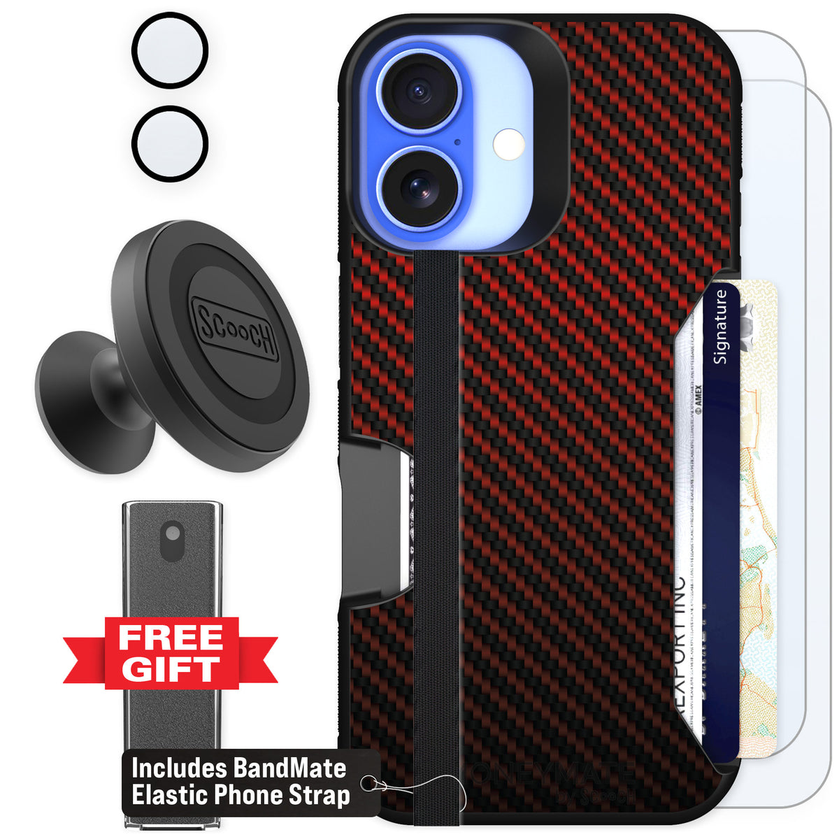 Scooch Moneymate Red Carbon Fiber for iPhone 16 β Defender Bundle