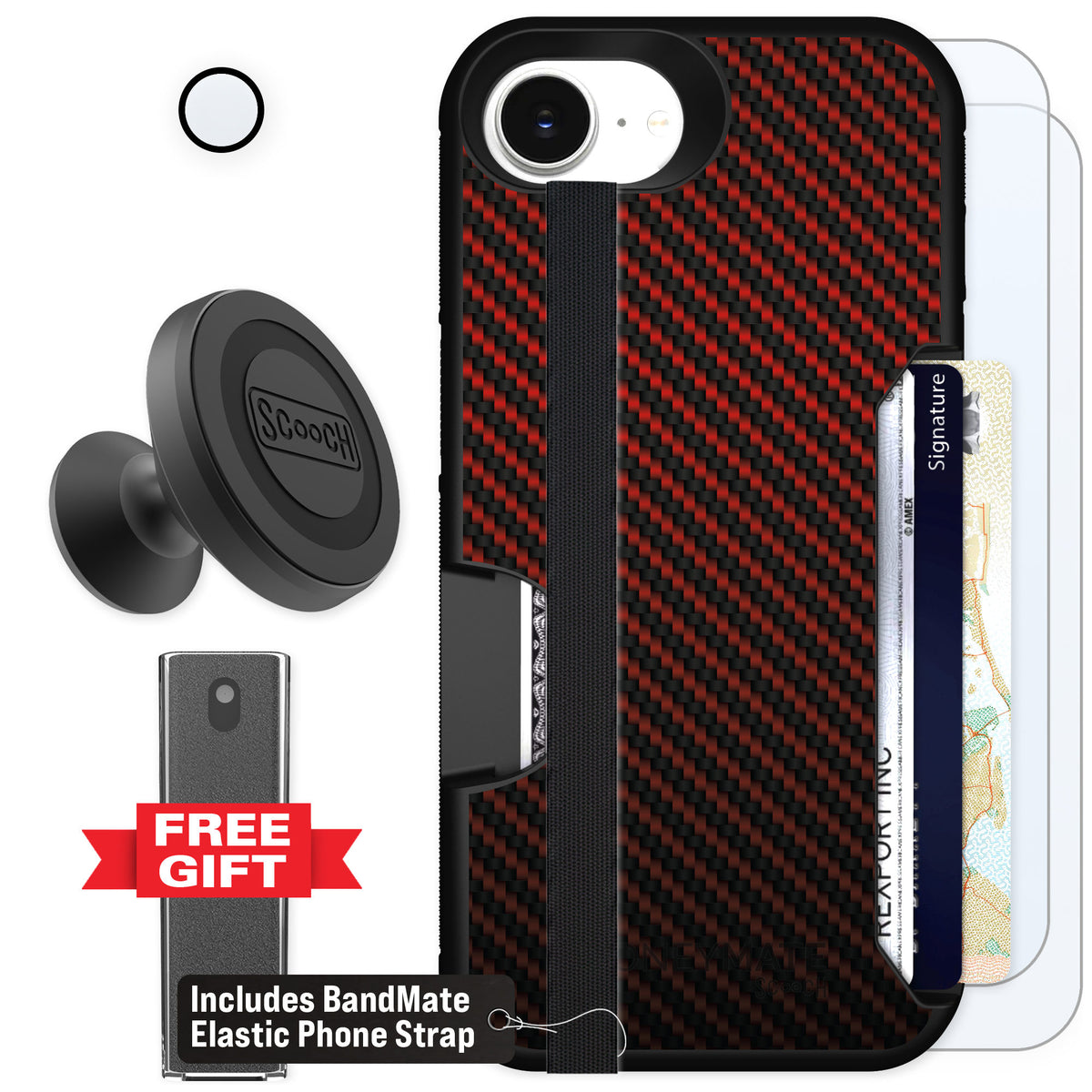 Scooch Moneymate Red Carbon Fiber for iPhone 16e β Defender Bundle